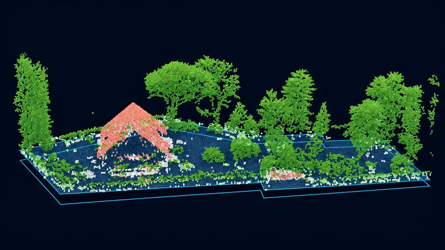 Nuage de points LiDAR illustré : les volumes d’une maison, le relief de sa parcelle et les arbres qui l’entourent.